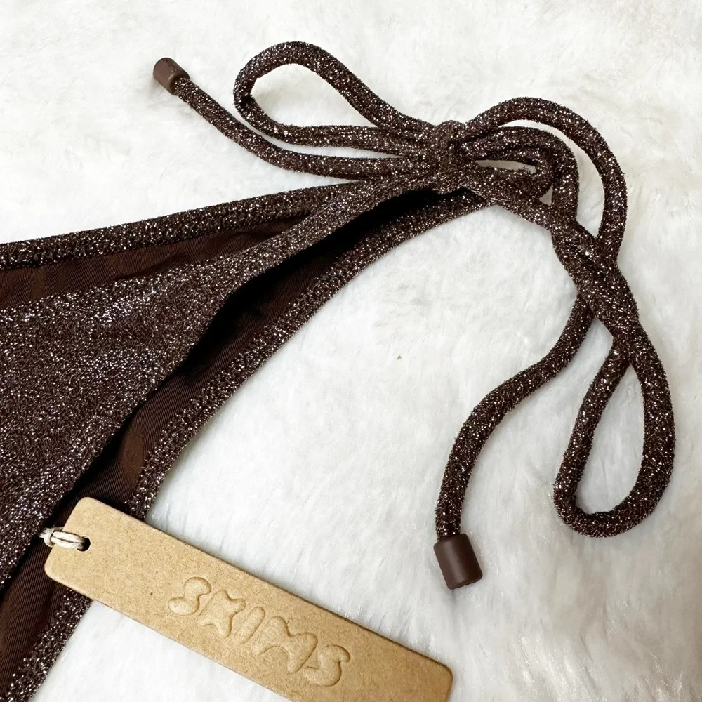 NWT RARE Skims Textured Side Tie Bikini Bottom Metallic Cocoa Women’s XL